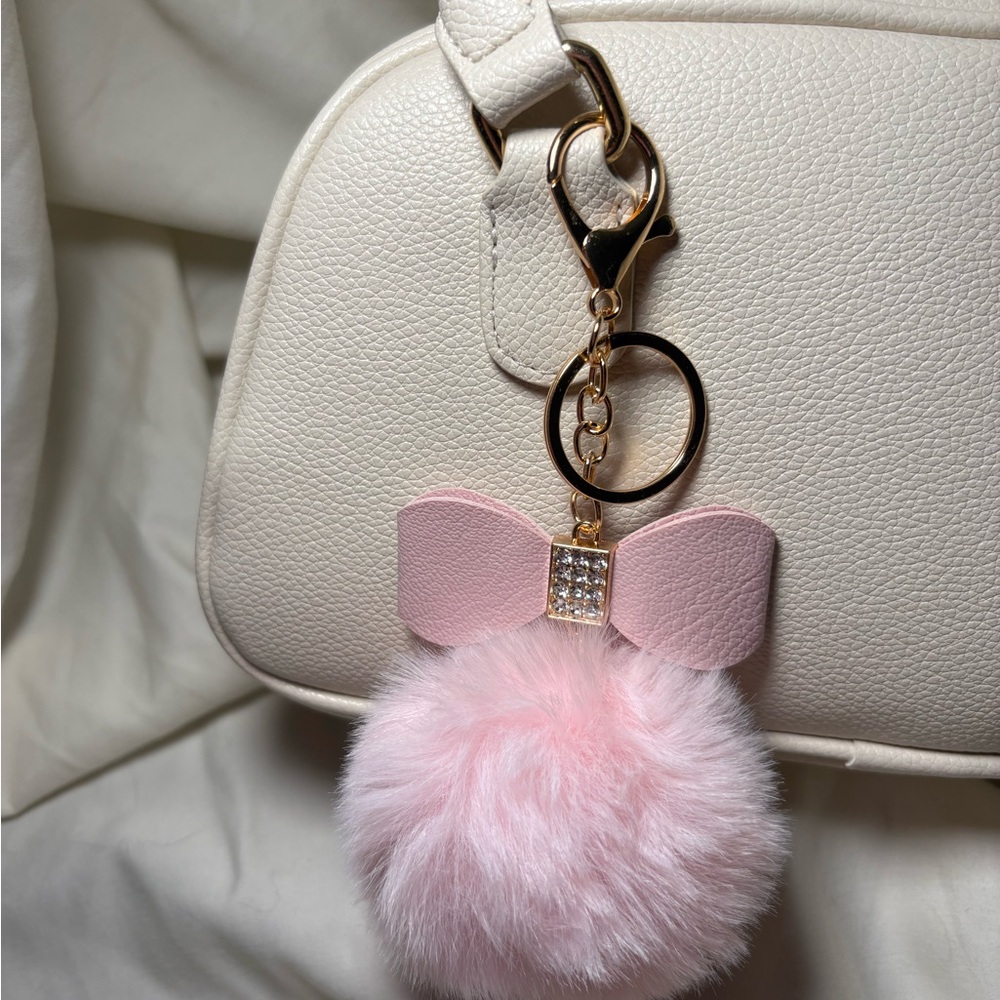 Light Pink Fluffy Rhinestone Bow Pom Pom Keychain Bag Charm